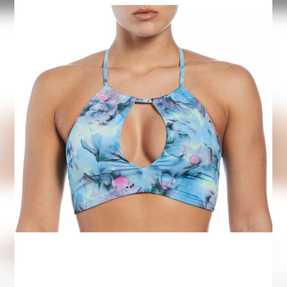 Nike Lace-Up Bikini Tie Back Swim Top, Blue, Floral, Size XL, NWT